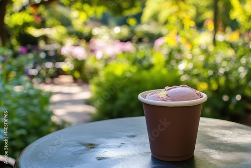 A scoop of delicious ice cream on a table in a garden. photo