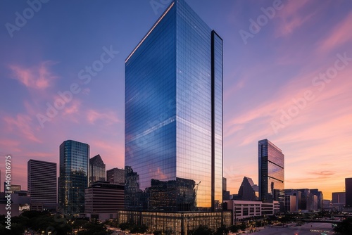 Modern skyscraper in a vibrant city skyline at twilight.