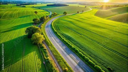 Lush Green Fields & Winding Asphalt Road - 4K Aerial Drone View