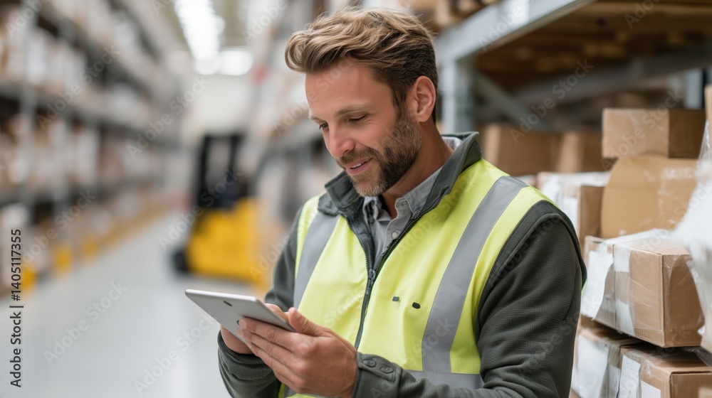 Lagerarbeiter mit Tablet prüft Bestände im Warenlager
Lagerarbeiter mit Tablet prüft Bestände im Warenlager