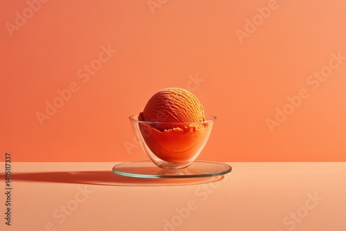 A single scoop of vibrant orange ice cream in a clear glass bowl. photo