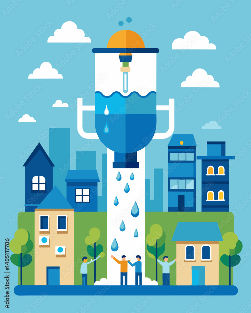 Obraz premium In an effort to reduce plastic waste a community successfully crowdfunds for the installation of several water fountains with builtin filtration systems throughout the town.. Vector illustration