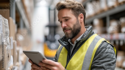 Lagerarbeiter mit Tablet prüft Bestände im Warenlager

