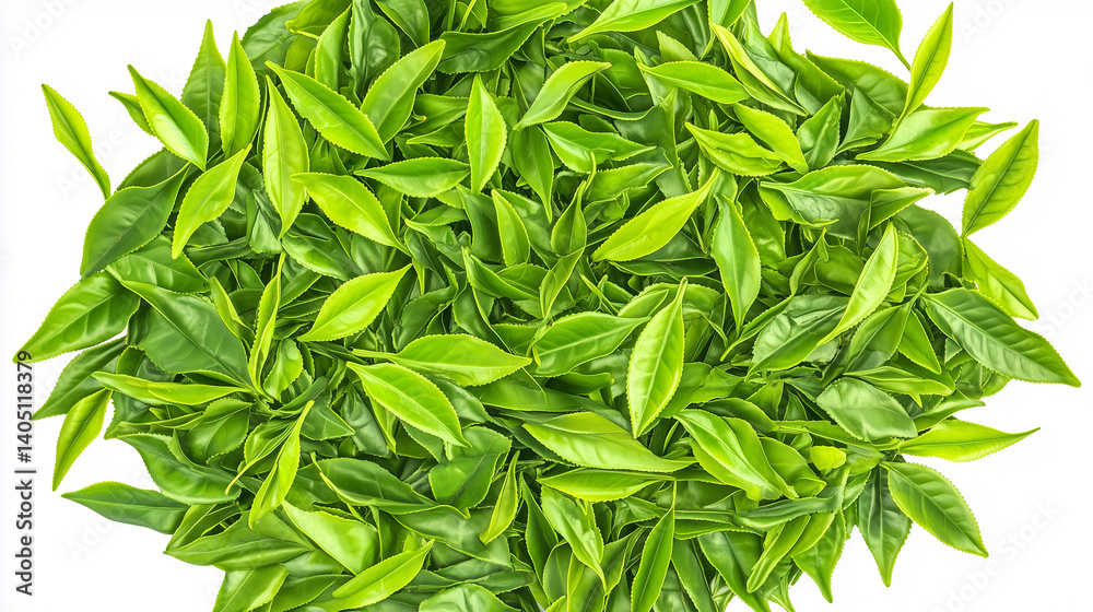 Obraz premium Fresh green tea leaves in a circular pattern, a minimalist botanical display of natural harmony.
