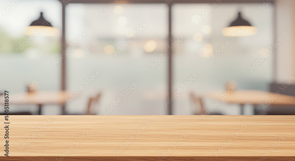 Obraz premium Warm Wood Table, Cafe Blurred Background AI Generated