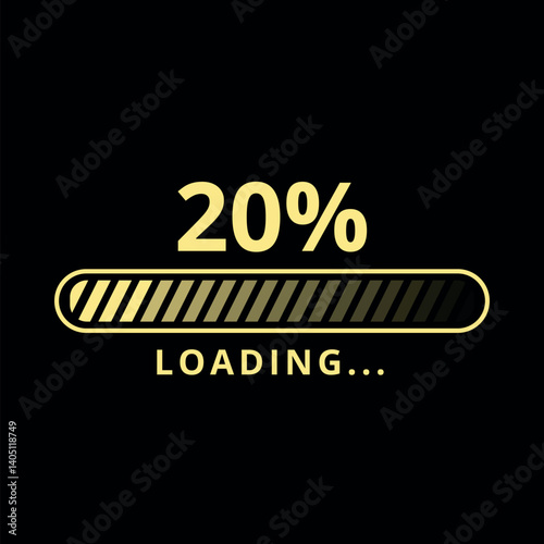 Golden loading bar isolated on black background at 20% loaded for websites and graphic resources.