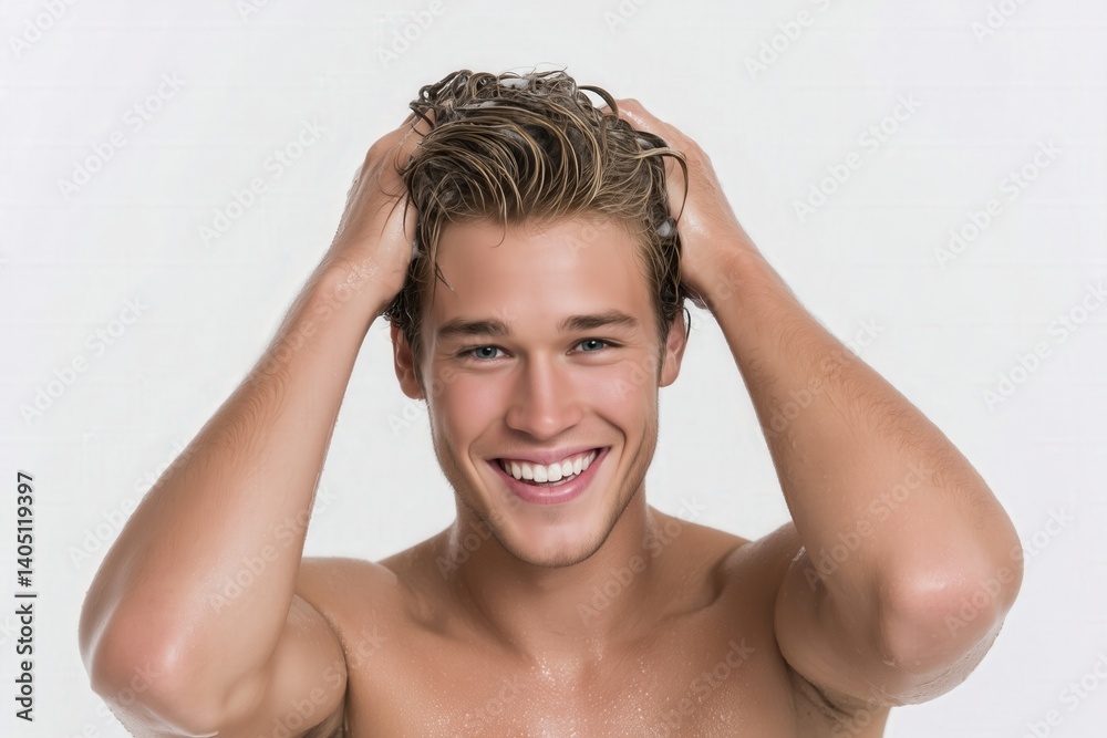 Young man with wet hair smiling and touching head, personal care and beauty advertisement Young man with wet hair smiling and touching head, personal care and beauty advertisement
