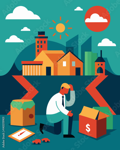 The economic crisis has hit the impoverished areas particularly hard with more and more businesses closing down and leaving the community with limited job opportunities.. Vector illustration