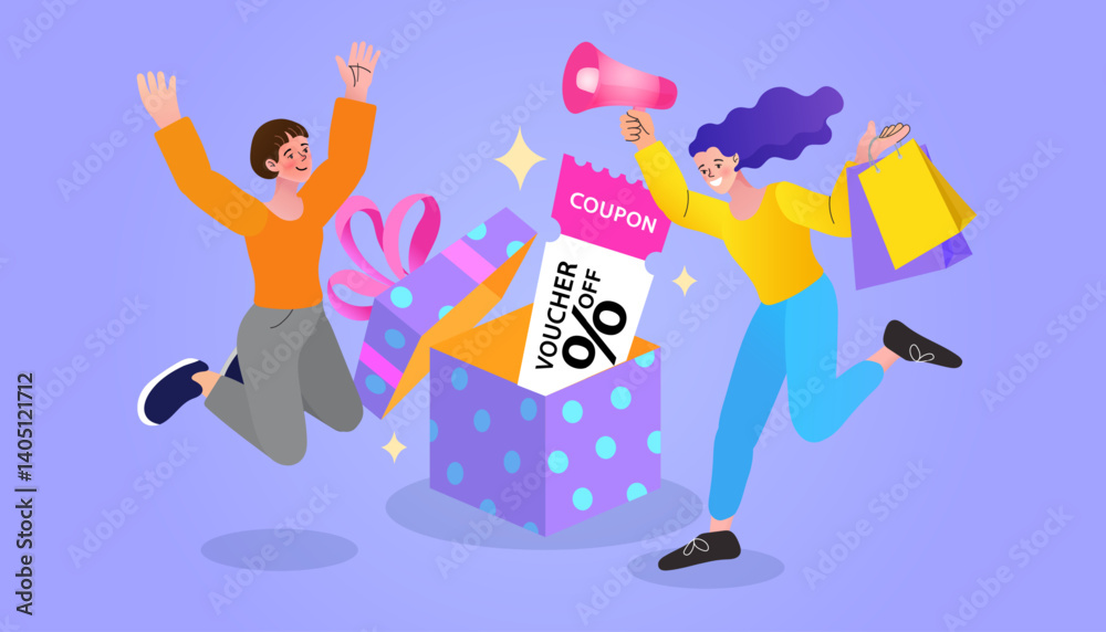 Fototapeta premium Happy women celebrate receiving a discount coupon from a gift box. A concept of a special offer, a promotional voucher, and a big sale for shopping. A metaphor for a customer loyalty reward.
