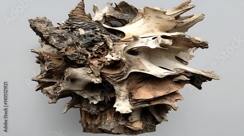 Intricate, organic sculptural form composed of fragmented wood. photo
