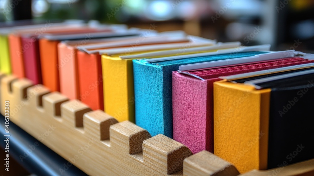 Naklejka premium Vibrant Collection of Colorful Notebooks on Wooden Rack