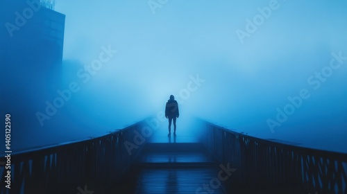 Silhouette figure on a foggy bridge at night. photo