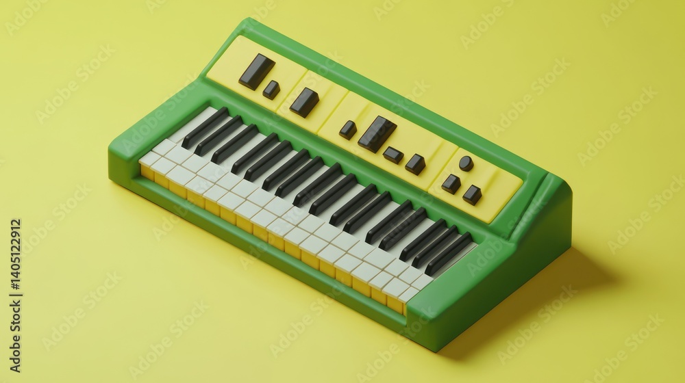 Retro green keyboard, yellow background, music studio, digital art Retro green keyboard, yellow background, music studio, digital art