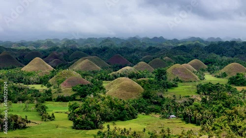 Chocolate hills, Bohol island, Philippines. Aerial 4K drone video footage