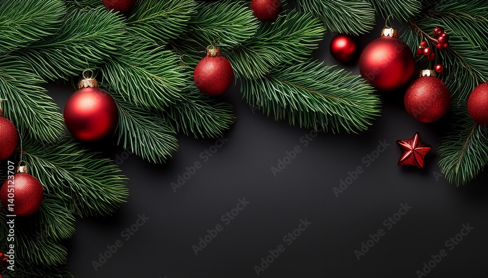 Christmas green Pine Branches and red baubles Christmas green Pine Branches and red baubles
