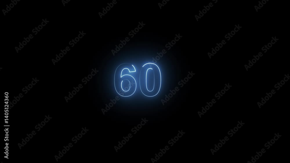 Abstract glowing neon text 60 number countdown icon. Glowing sign on black background Neon number 60 with alpha channel, simple blue neon color Abstract glowing neon text 60 number countdown icon. Glowing sign on black background Neon number 60 with alpha channel, simple blue neon color