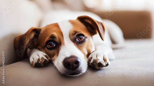 Dog lying on a couch looking at the camera with sad eyes.