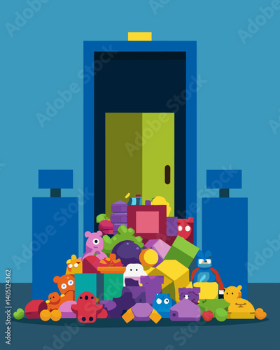 Piles of unneeded toys and games spilling out of factory doors unable to be sold.. Vector illustration