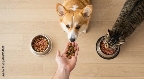 Top-down view of pet feeding with corgi, tabby cat, and hand offering food