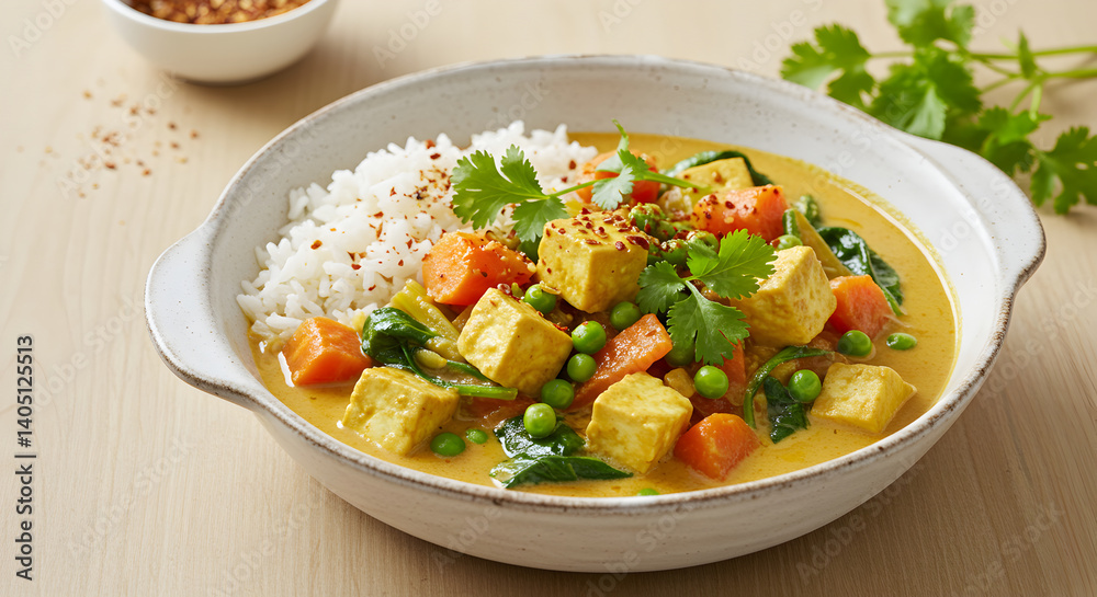 Tofu Vegetable Curry With Basmati Rice Served in a Ceramic Bowl Tofu Vegetable Curry With Basmati Rice Served in a Ceramic Bowl