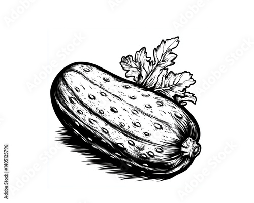Two Cucumbers with Leaves, Fresh and Natural, Black and White Illustration
