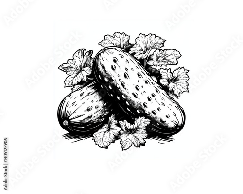 Two Cucumbers with Leaves, Fresh and Natural, Black and White Illustration