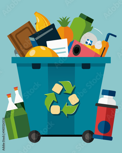 The dumpster was filled with a mishmash of discarded objects from old electronics to plastic bags and food scraps.. Vector illustration