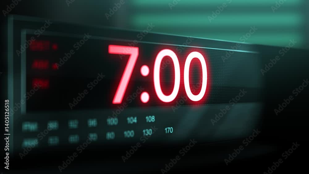 Camera pans across old digital clock as time arrives at 7 AM
