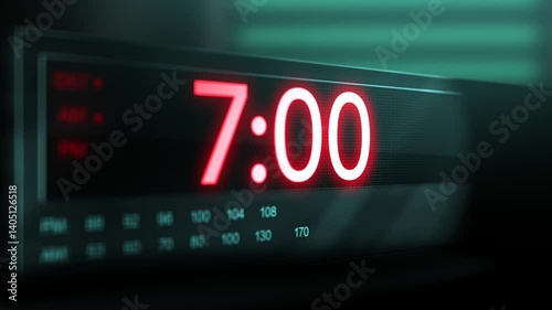Camera pans across old digital clock as time arrives at 7 AM
