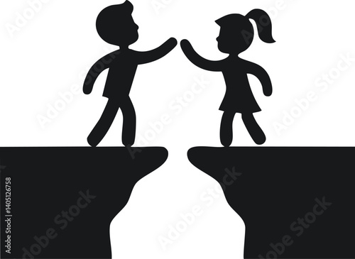 Vector Black and White Silhouette of Two Figures on Cliffs with Gap, Symbolizing Emotional Distance