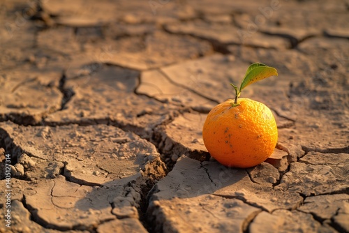 Conceptual image of an orange resting on parched, cracked earth, representing drought, climate change, and agricultural crop failure. Orange fruit on dry cracked soil symbolizing drought

 photo