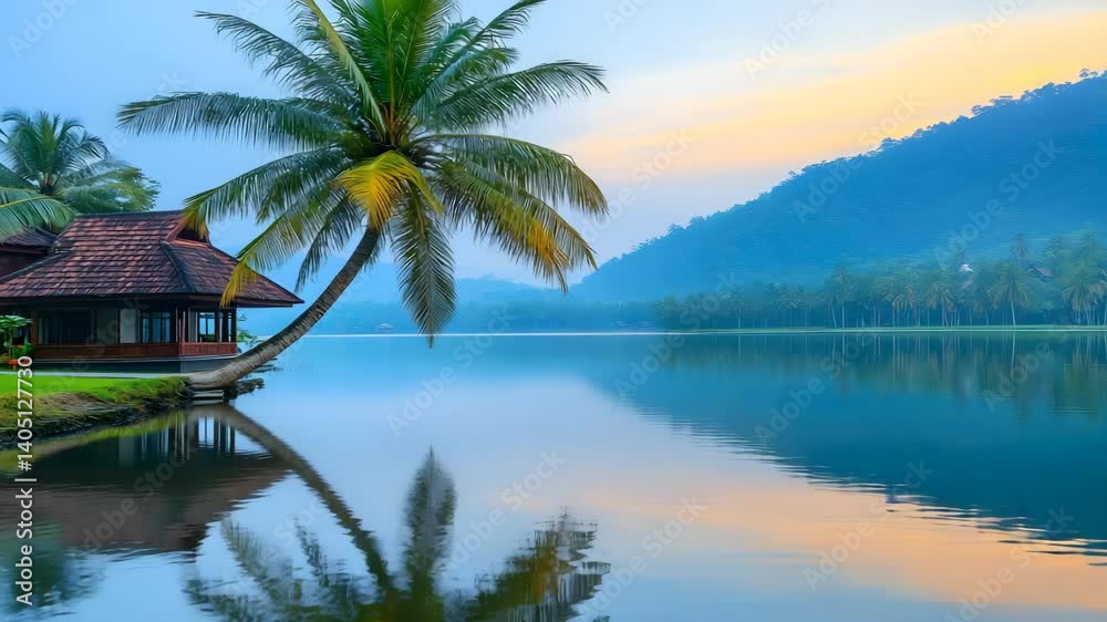 Relaxing Palm Tree Reflection Over Water by Lakeside Home in Kerala Relaxing Palm Tree Reflection Over Water by Lakeside Home in Kerala