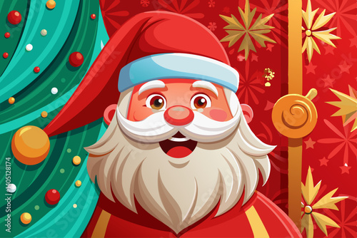 vector of Santa Claus happily looks out from the red wallpaper.