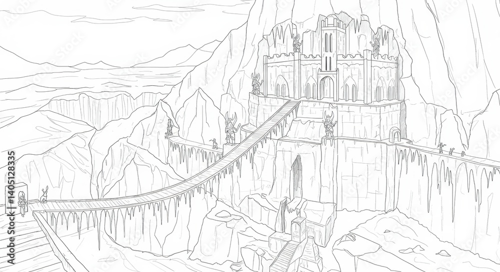 Naklejka premium Fortress Carved into a Glacier with Ice Bridges and Frost Guards