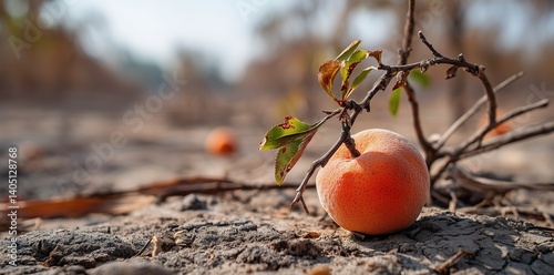A ripe orange lies on cracked, dry soil, symbolizing the impact of extreme drought and climate change on agriculture and harvests.
