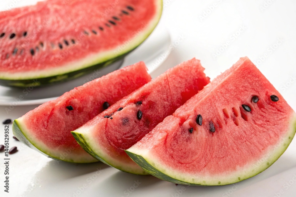 Juicy red watermelon slice, a sweet and refreshing summer fruit, isolated on white Juicy red watermelon slice, a sweet and refreshing summer fruit, isolated on white
