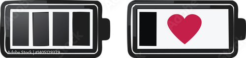 Vector Stylized Battery Icons with Heart Symbol and Partial Charge on White Background