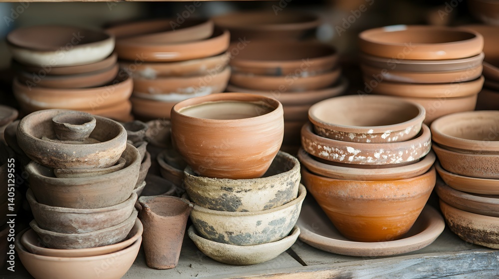 Many stacked terracotta flower pots of various sizes and designs are displayed. Many stacked terracotta flower pots of various sizes and designs are displayed.