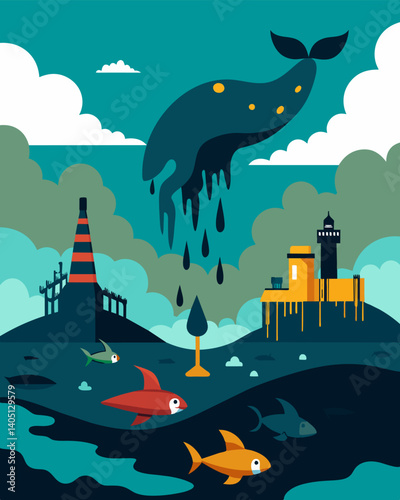 The devastating effects of oil spills on marine life and coastal ecosystems are a haunting reminder of the consequences of unsustainable industrial practices.. Vector illustration