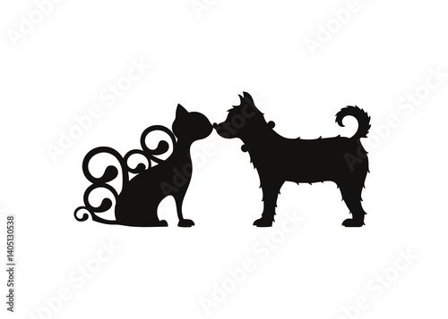 Silhouette of Cat and Dog Touching Noses