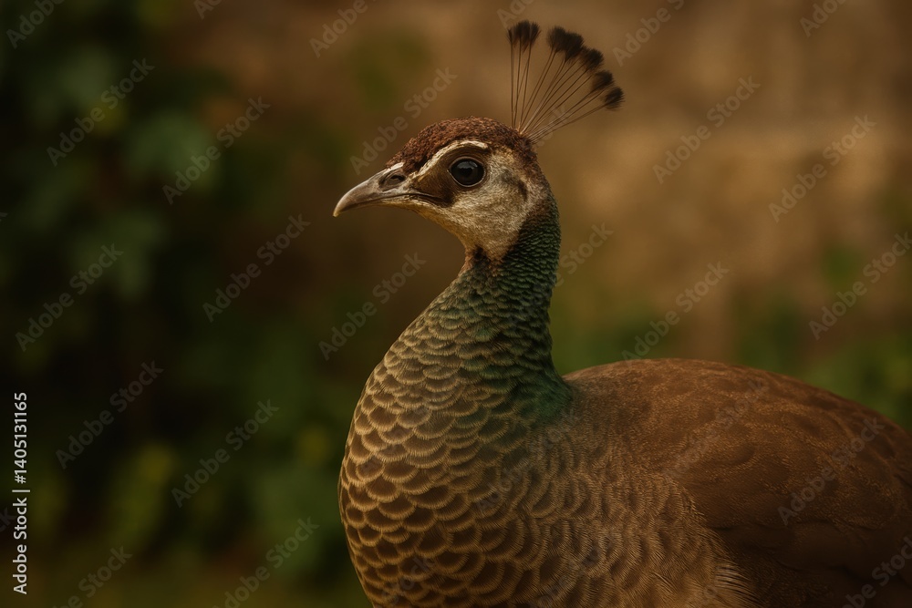 Close-up of a female peacock with detailed feathers in natural habitat Close-up of a female peacock with detailed feathers in natural habitat