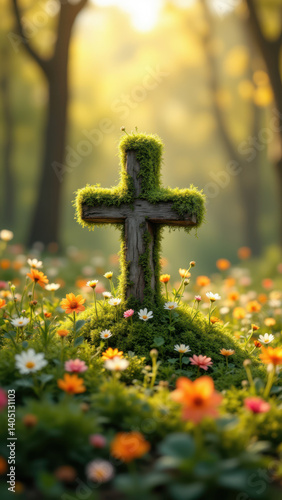 A Christian symbol, a cross made of sticks and moss, standing in a field of flowers under the sun.