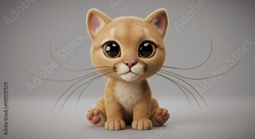 Adorable cartoon kitten with expressive eyes and detailed fur sitting gracefully photo