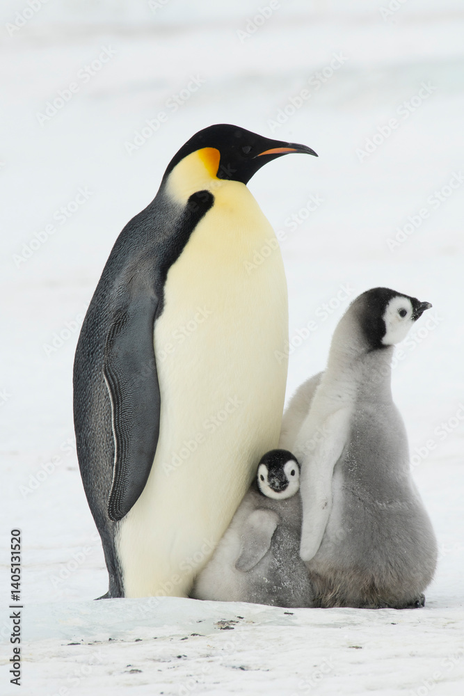 Obraz premium Emperor Penguin with three chicks in Antarctica 