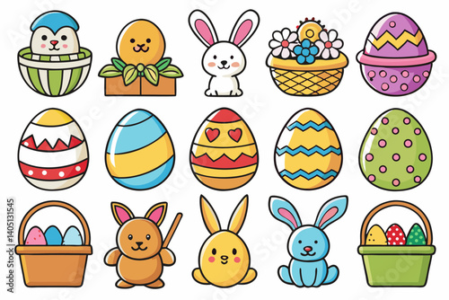 Easter Icons Vector Set – Colorful Eggs, Bunny, Flowers, and Spring Holiday Elements