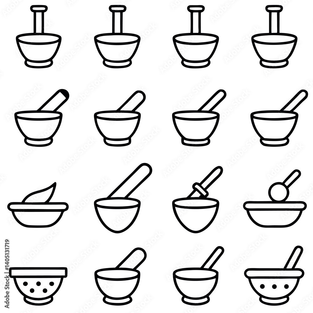 Simple Line Art Illustration of Mortar and Pestle Sets Simple Line Art Illustration of Mortar and Pestle Sets