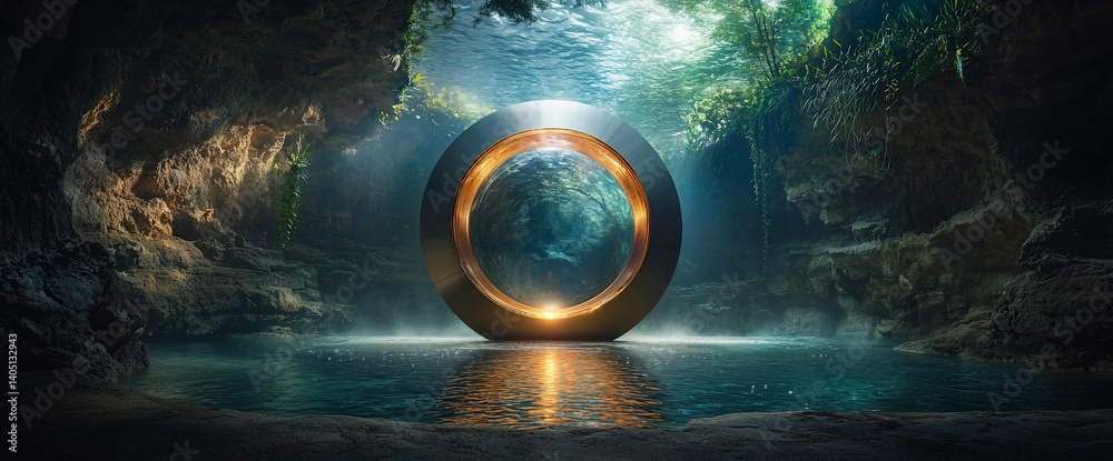 Cave portal Metallic ring in a pool amidst nature with soft lighting