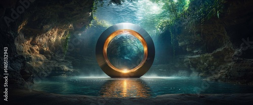 Obraz na płótnie Cave portal Metallic ring in a pool amidst nature with soft lighting w salonie