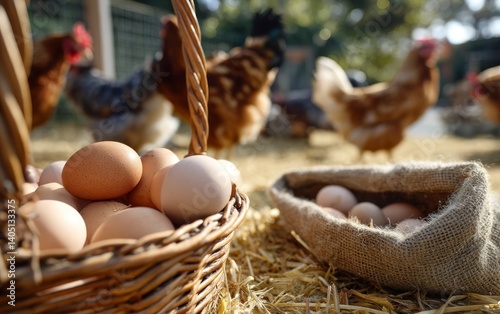 Collecting Fresh Farm Eggs with Free-range Chickens and Rustic Basket