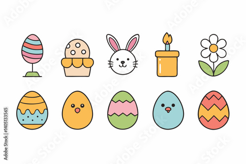 Easter Icons Vector Set – Colorful Eggs, Bunny, Flowers, and Spring Holiday Elements